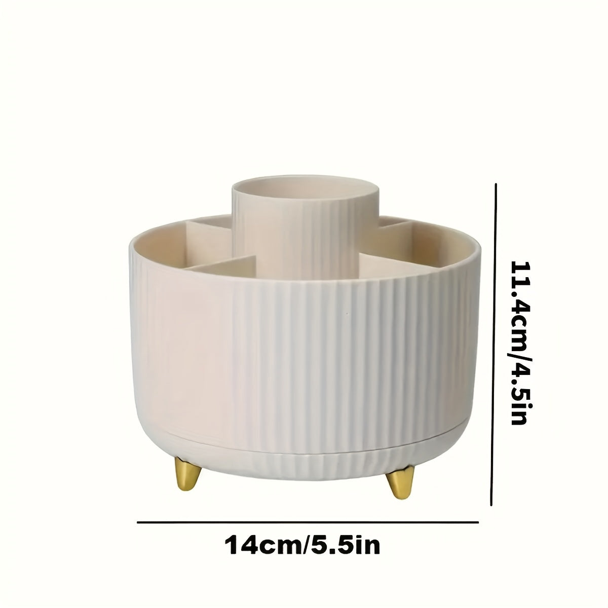 360° Rotating Makeup Organizer - 1pc Plastic Cosmetic Storage with 5 Compartments - Multi-Functional Holder for Brushes, Lipsticks, Skin Care Products, and Stationery - Durable Unscented Desk Caddy with Stripe Design