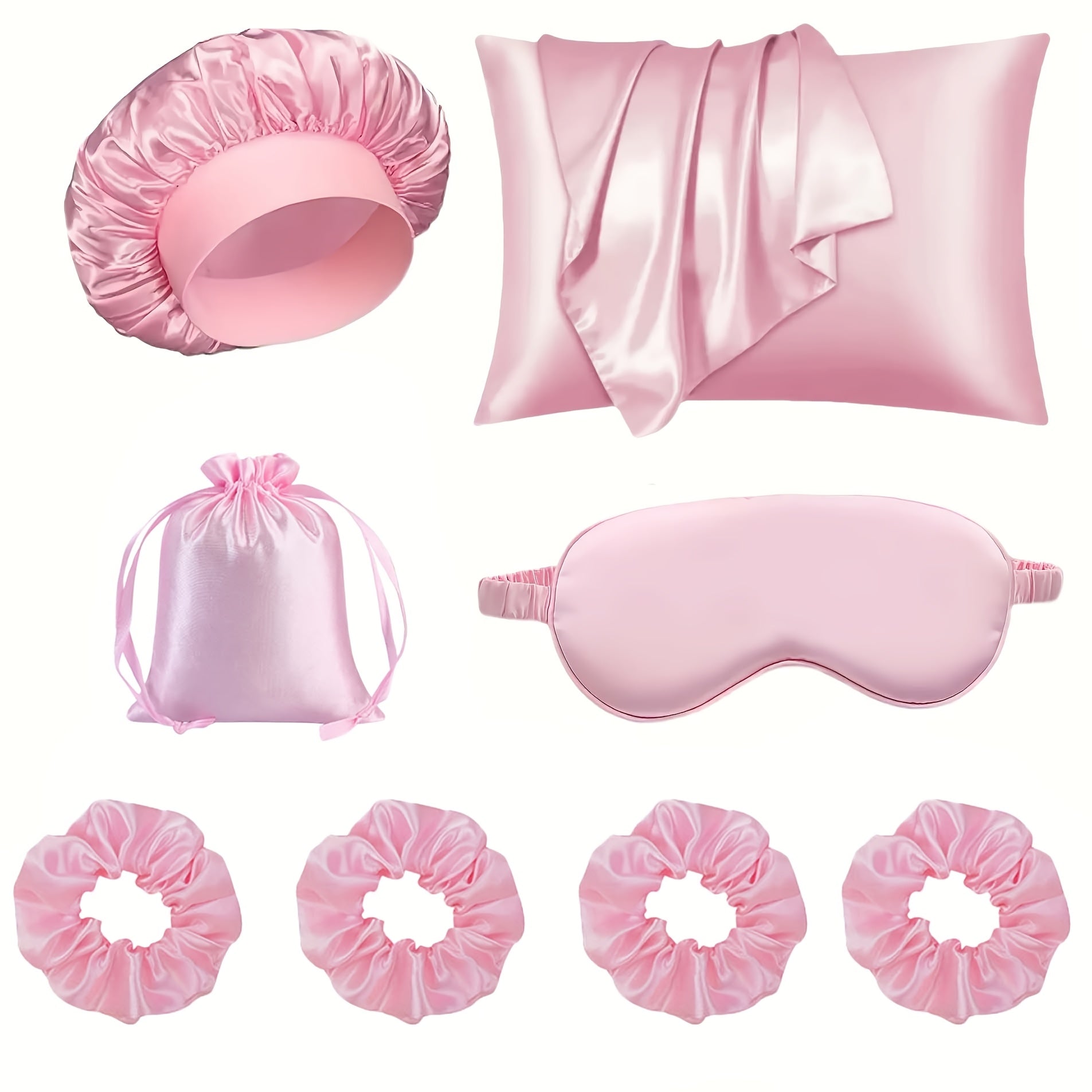 Women'S Sleep Hair Styling Tool Core 8pcs Set, Solid Color Detachable Satin Pillowcase (Large, 50X75Cm), Hair Care Shower Cap, Blackout Sleep Eye Mask, Hair Ties And Hair Tie Storage Bag
