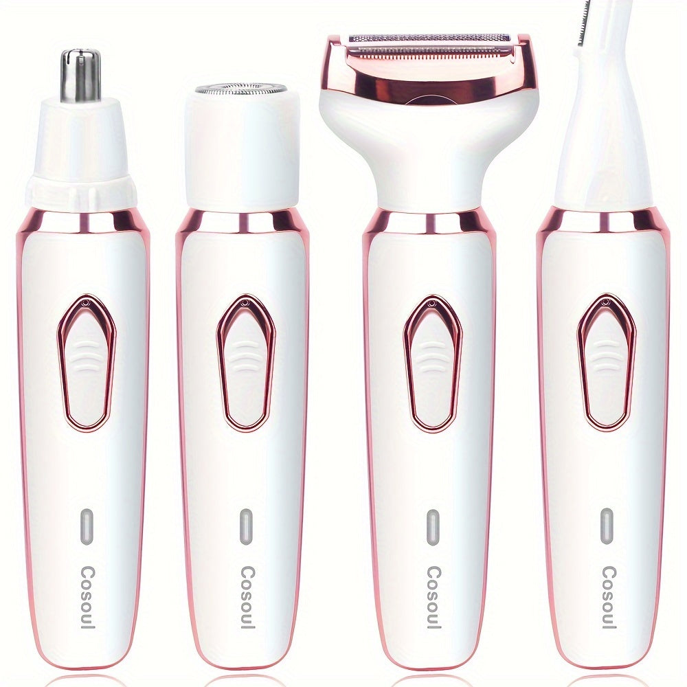 Cosoul 4-in-1 Electric Hair Remover for Women - Portable Manual & Voluminous Hair Removal, USB Rechargeable Battery, Face, Arms, Legs, Body - Painless & Portable Hair Removal Tool, Hair Remover Electric, Facial Hair Removal, Sleek Design, Versatile Hair T