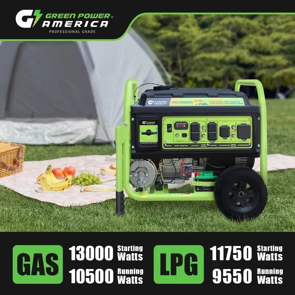 13,000W Dual Fuel Portable Generator, Powered by Gas or Propane, Electric Start, Home Backup &amp; RV Readys.