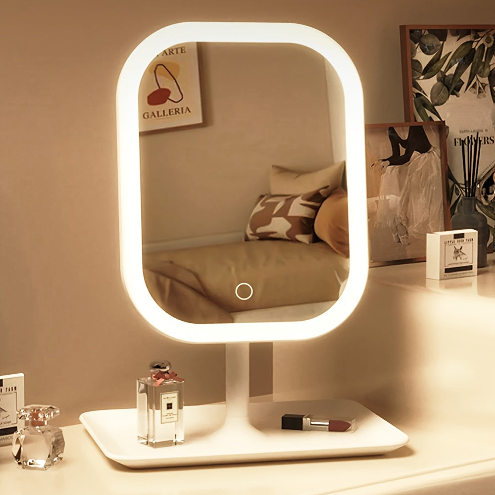 LED Makeup Mirror, Rechargeable Desktop Vanity Mirror with Lights, 3 Light Modes, Touch Control, Adjustable Brightness, Portable Lighted Beauty Mirror, Travel Vanity Cosmetic Mirror with Lights