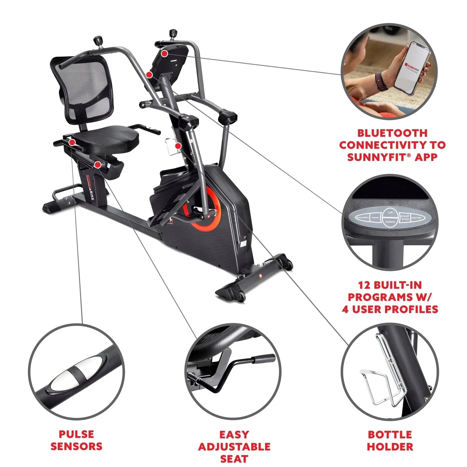 Sunny Health &amp; Fitness Smart Recumbent Cross Trainer Elliptical Exercise Bikes.