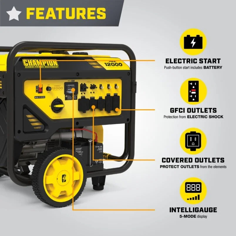 Champion Power Equipment 12,000-Watt Electric Start Dual Fuel Homes Backup Portable Generator with CO Shields