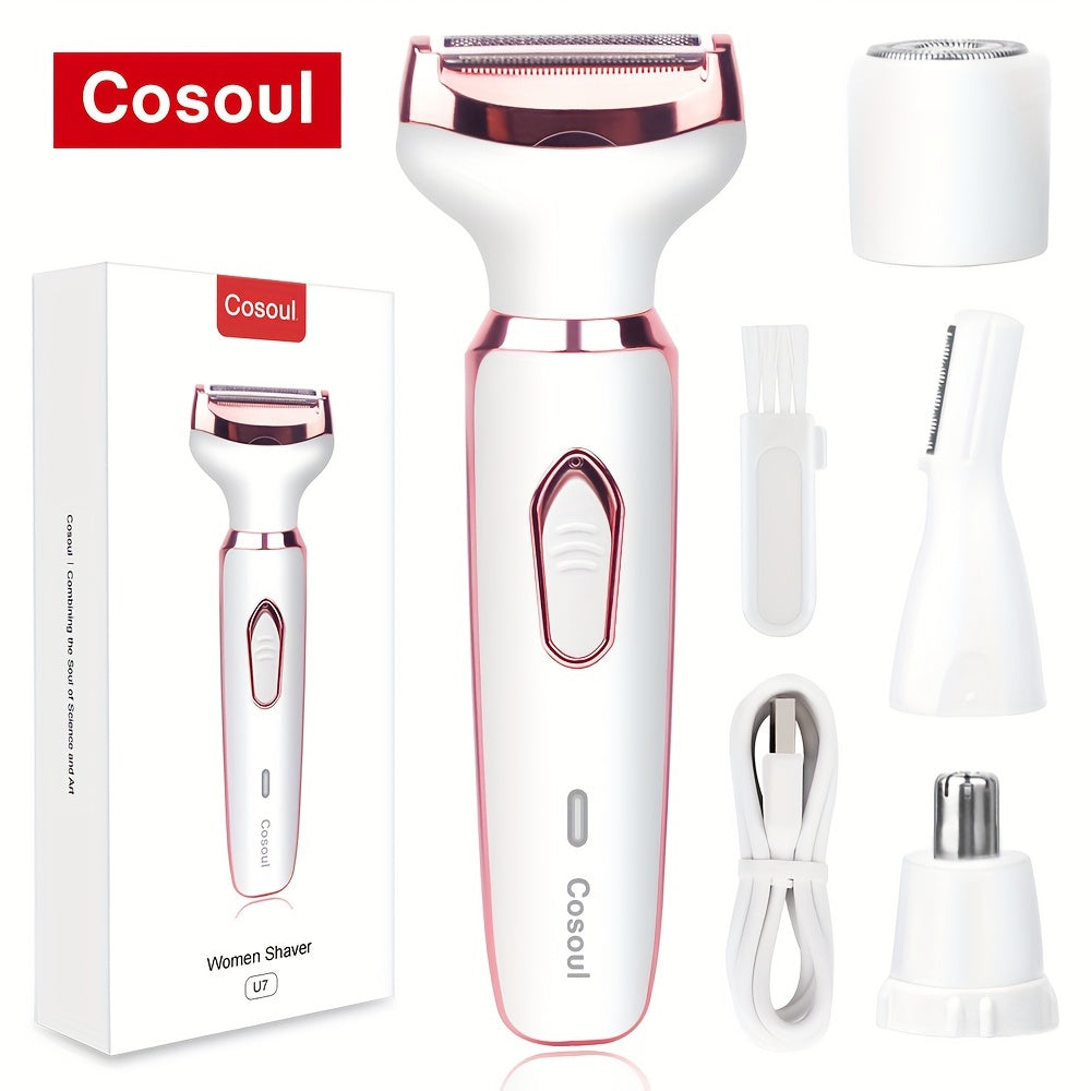 Cosoul 4-in-1 Electric Hair Remover for Women - Portable Manual & Voluminous Hair Removal, USB Rechargeable Battery, Face, Arms, Legs, Body - Painless & Portable Hair Removal Tool, Hair Remover Electric, Facial Hair Removal, Sleek Design, Versatile Hair T