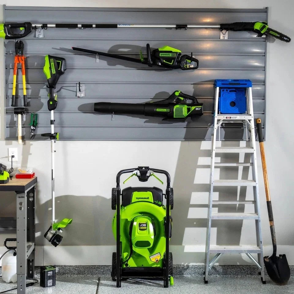 Greenworks 80V 21” Lawn Mower, 13” String Trimmer, and 730 Leaf Blowers.