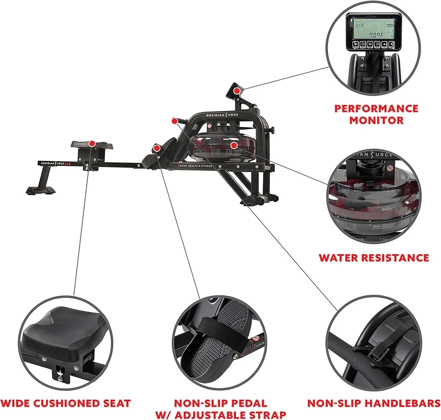 Sunny Health and Fitness Obsidian Surge Water Rowing Machines.