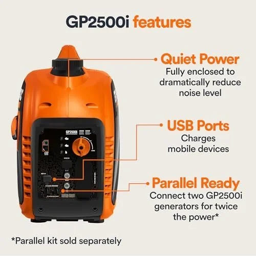 Generac 8251 GP2500i 2,500-Watt Gas Powered Portable Inverter Generator – Compact and Lightweight Design – Produces Clean, Stable Power – COsense Technologys – CARB Compliants – Orange/Black