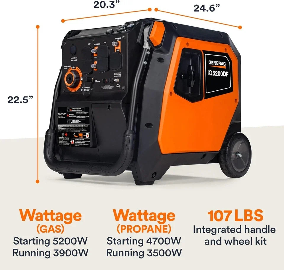 Generac iQ5200 DF 3900 Watt Electric Start Dual Fuel Inverter Generators.