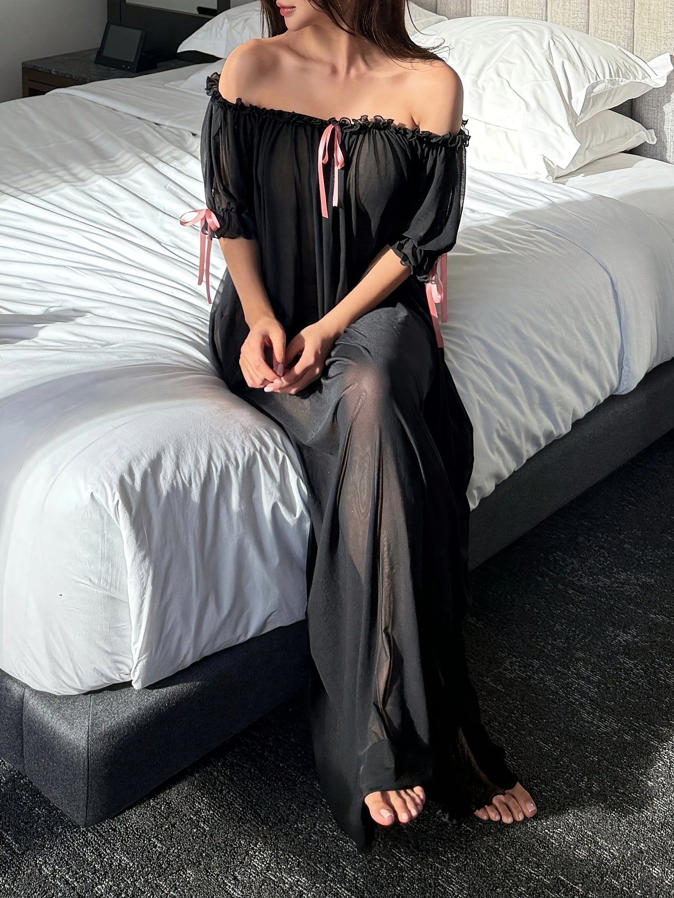 Women'S Retro Net-Sleeved Nightgown, Sexy Net-Sleeved Nightgown, Elegant Transparent Short-Sleeved Home Dress, Long Nightgown, Lace Nightgown, Sexy Nightgown
