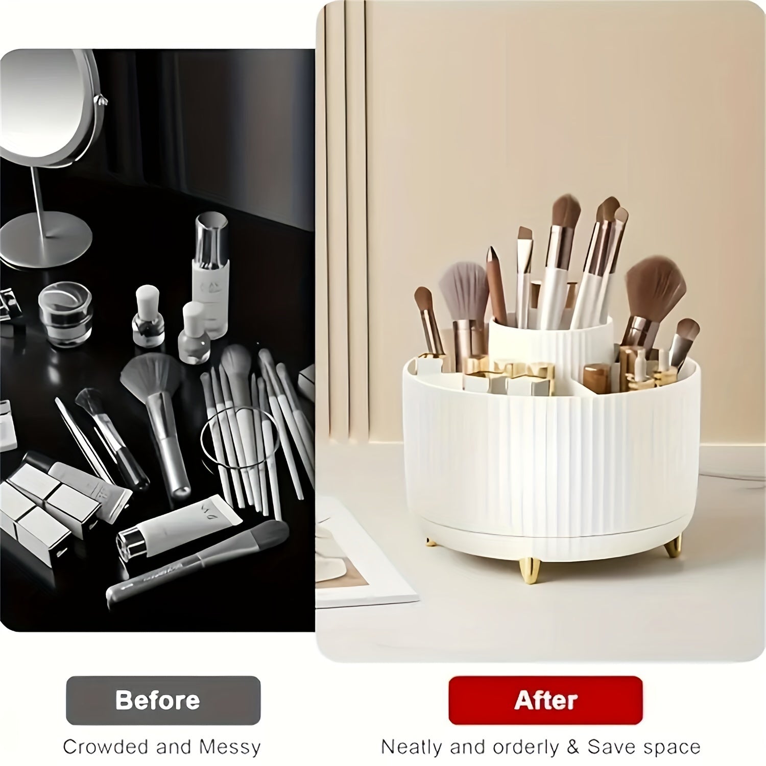 360° Rotating Makeup Organizer - 1pc Plastic Cosmetic Storage with 5 Compartments - Multi-Functional Holder for Brushes, Lipsticks, Skin Care Products, and Stationery - Durable Unscented Desk Caddy with Stripe Design
