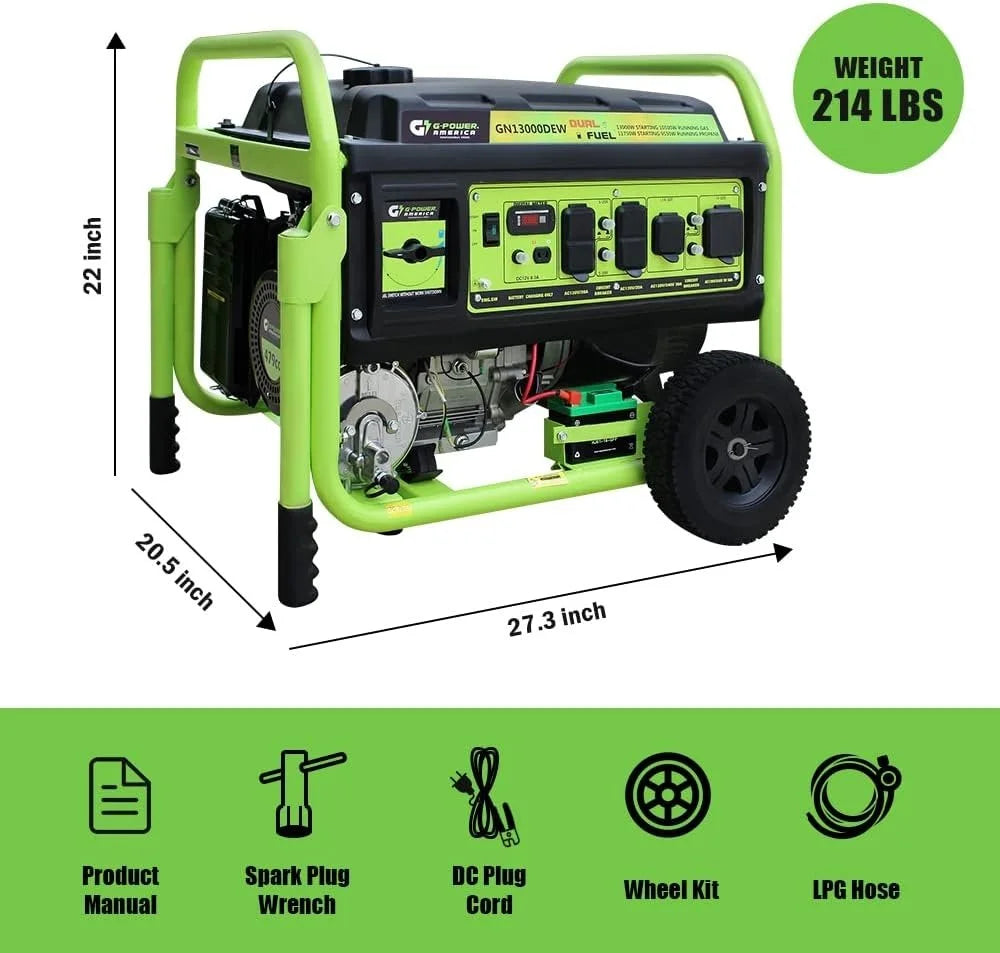 13,000W Dual Fuel Portable Generator, Powered by Gas or Propane, Electric Start, Home Backup &amp; RV Readys.