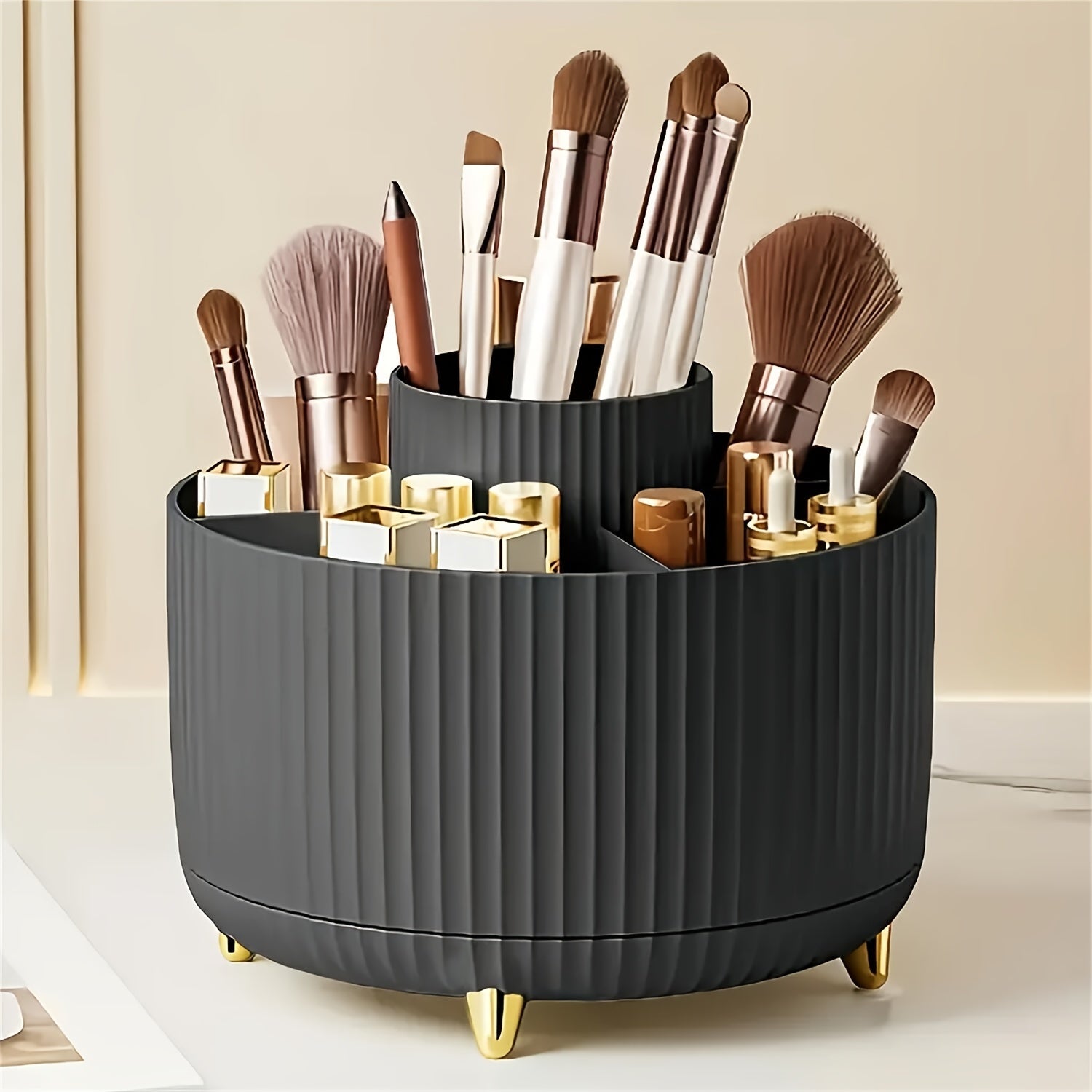 360° Rotating Makeup Organizer - 1pc Plastic Cosmetic Storage with 5 Compartments - Multi-Functional Holder for Brushes, Lipsticks, Skin Care Products, and Stationery - Durable Unscented Desk Caddy with Stripe Design
