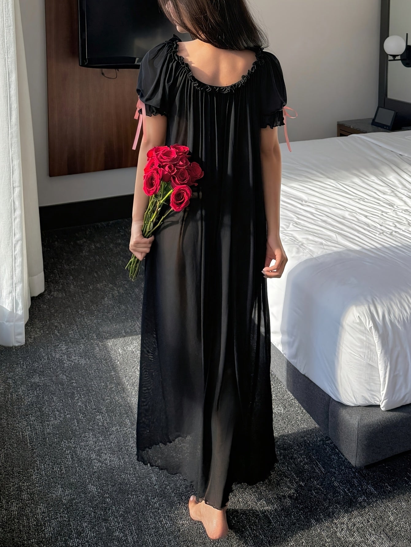 Women'S Retro Net-Sleeved Nightgown, Sexy Net-Sleeved Nightgown, Elegant Transparent Short-Sleeved Home Dress, Long Nightgown, Lace Nightgown, Sexy Nightgown