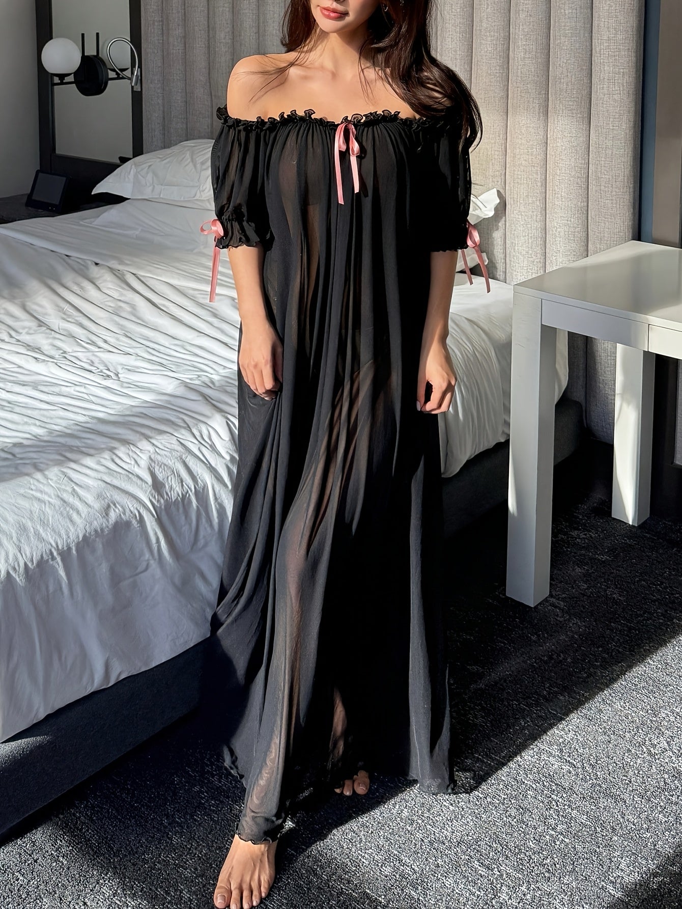 Women'S Retro Net-Sleeved Nightgown, Sexy Net-Sleeved Nightgown, Elegant Transparent Short-Sleeved Home Dress, Long Nightgown, Lace Nightgown, Sexy Nightgown