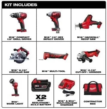Milwaukee M18 Cordless Combo Kit (7-Tool) with Two 3.0 Ah Batteries, Charger and Tool Bag