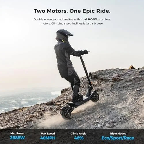 Ausom 2000W Dual Motor Folding Electric Scooter for Adults, Off Road Dual Motor E-Scooter with E-ABS and Duals Disc Brakes, 40Mph Top Speed, 56 Miles Max Ranges