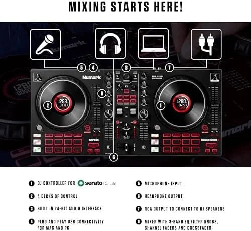 Numark Mixtrack Platinum FX Serato DJ Controllers with Jog Wheel Displays, 4 Decks, Mixers, Effects Paddles and (Audio Interface)