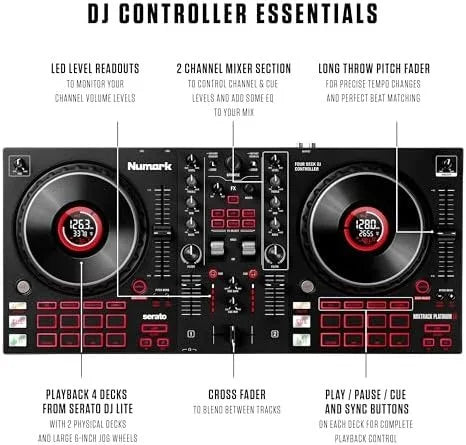 Numark Mixtrack Platinum FX Serato DJ Controllers with Jog Wheel Displays, 4 Decks, Mixers, Effects Paddles and (Audio Interface)