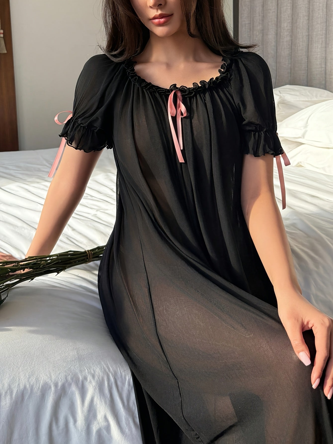 Women'S Retro Net-Sleeved Nightgown, Sexy Net-Sleeved Nightgown, Elegant Transparent Short-Sleeved Home Dress, Long Nightgown, Lace Nightgown, Sexy Nightgown
