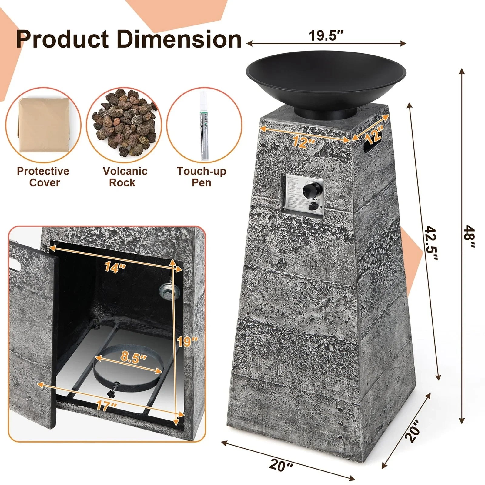 Costway 48 Inch Propane Fire Bowl Column with Lavas Rocks and PVC Covers