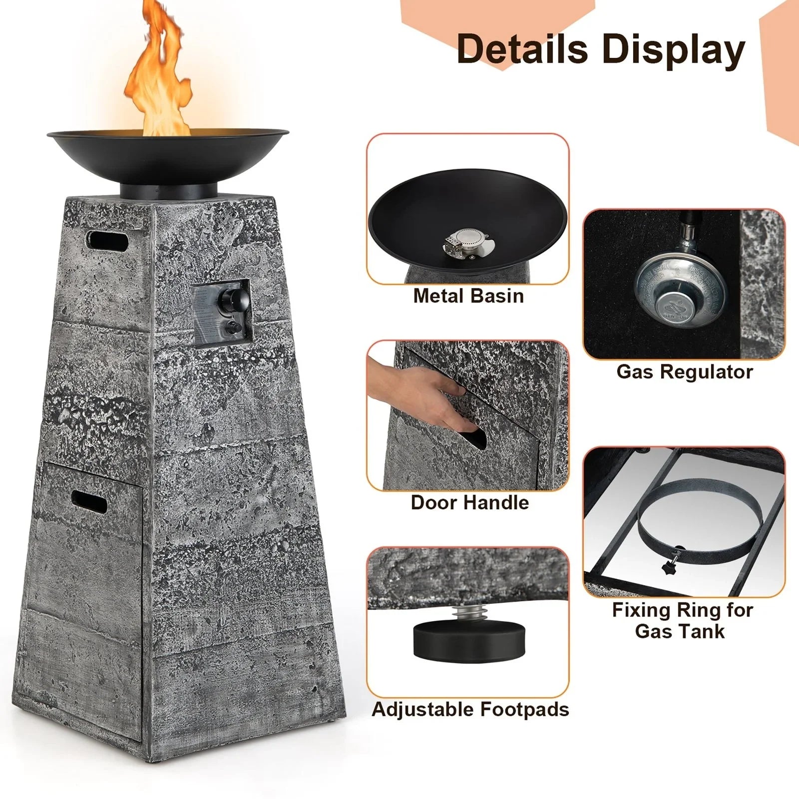 Costway 48 Inch Propane Fire Bowl Column with Lavas Rocks and PVC Covers