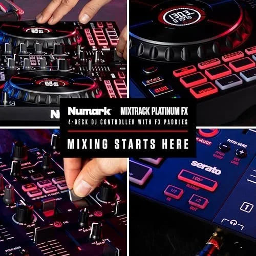 Numark Mixtrack Platinum FX Serato DJ Controllers with Jog Wheel Displays, 4 Decks, Mixers, Effects Paddles and (Audio Interface)