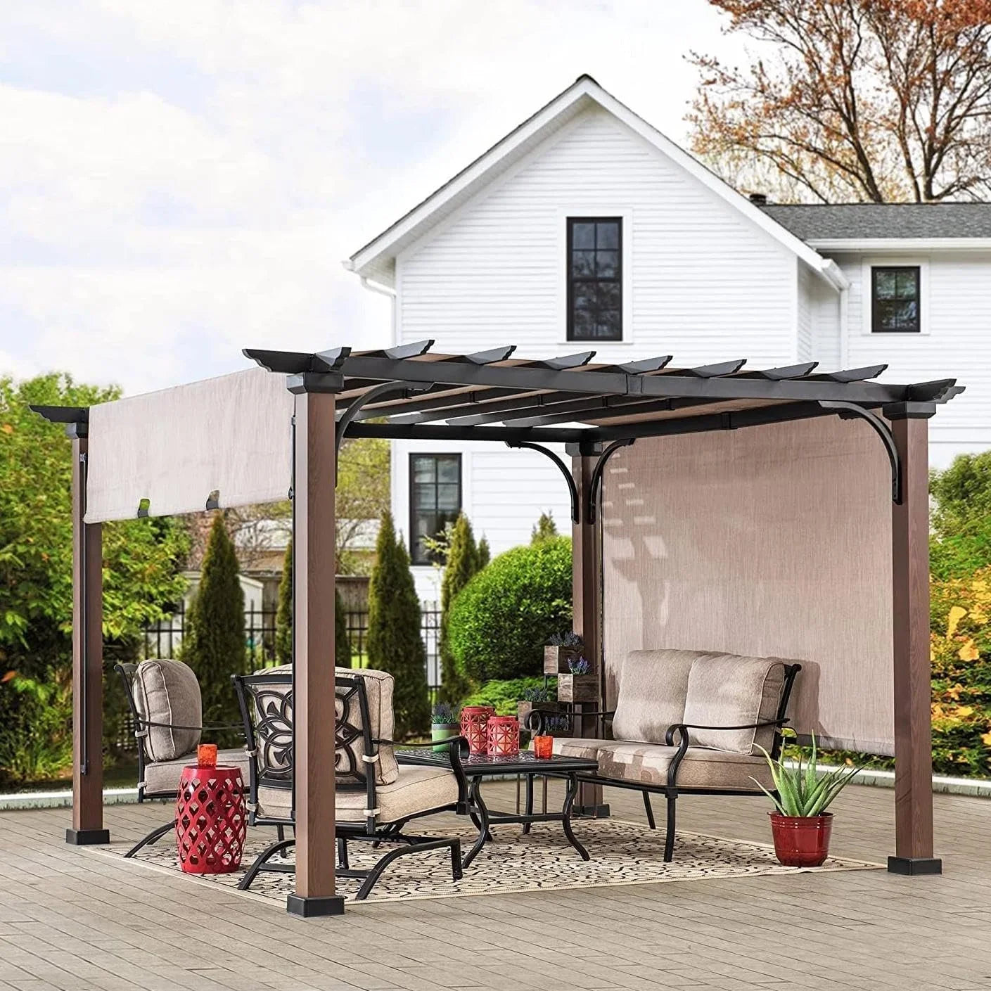 Sunjoy 11 x 11 ft Metal Pergola with Adjustable Tan Garden Shades