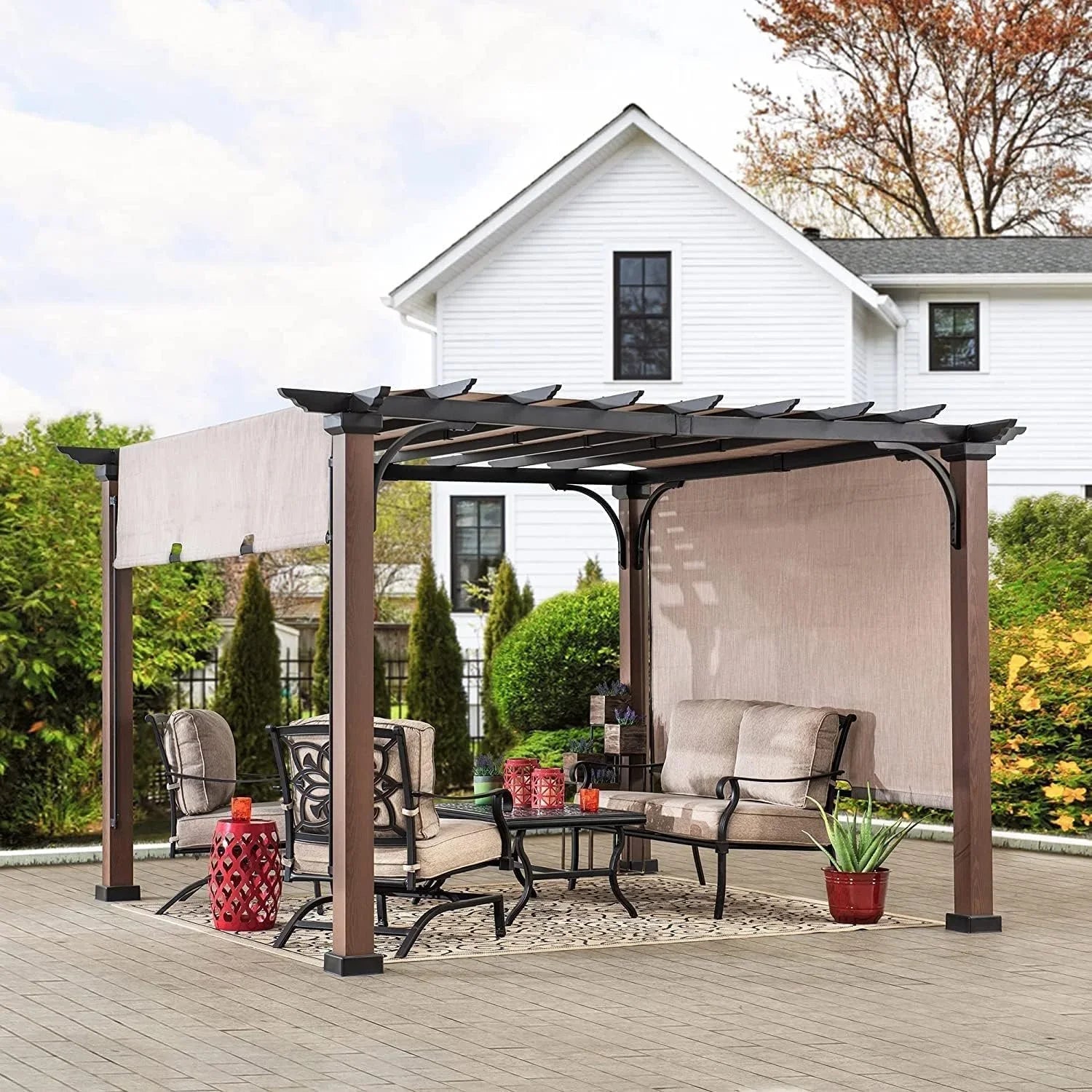 Sunjoy 11 x 11 ft Metal Pergola with Adjustable Tan Garden Shades