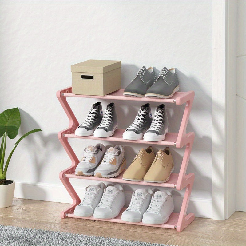 4-Tier Free Standing Shoe Rack - Z-Shaped Stackable Shoe Organizer with Metal Frame & Plastic Shelves, No-Tool Assembly, 4kg Capacity, Space-Saving Floor Mount Storage for Entryway, Living Room, Dorm - Durable Home & Dorm Room Essential, Shoe Storage Orga