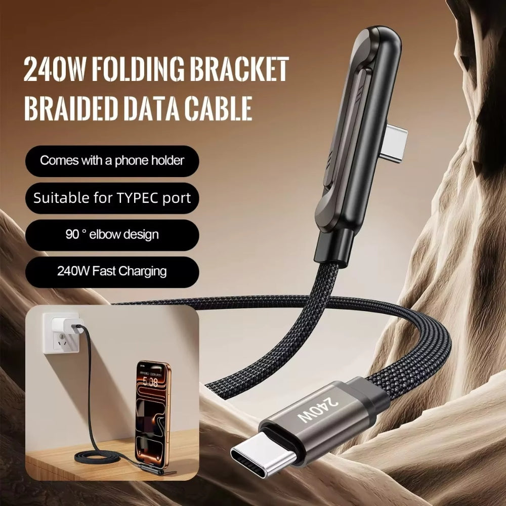 Invisible Charging Cable with Bracket, Type-C to Type-C, 240W PD Fast Charging Cable, 360-Degree Rotatable Adjustable Metal Bracket, Fully Compatible with Mobile Phone Charging Cables