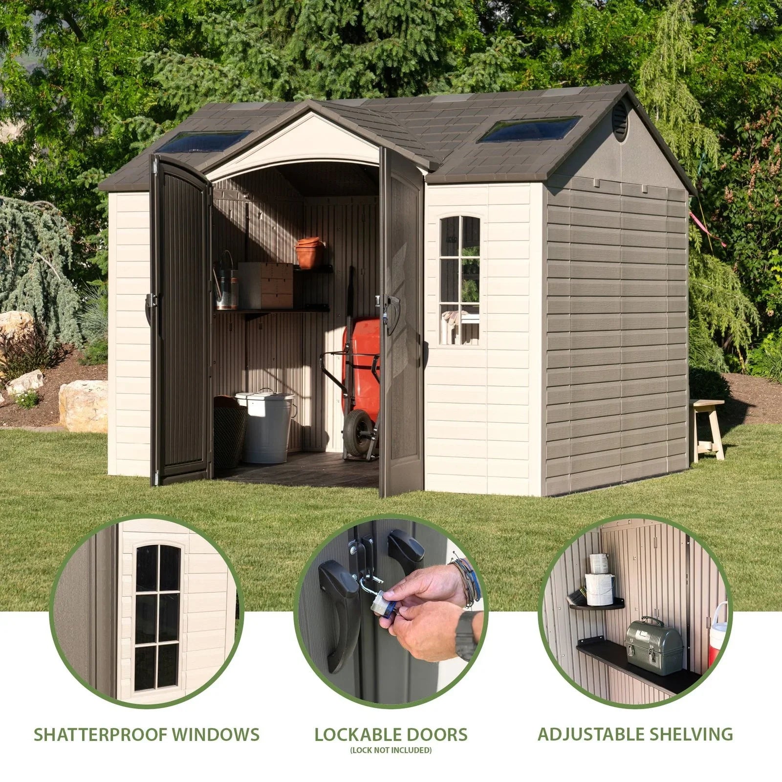 Lifetime Lockable Polyethylene Outdoor Storage Shed, 10′ x 8′, Tan &amp; Browns (60005)
