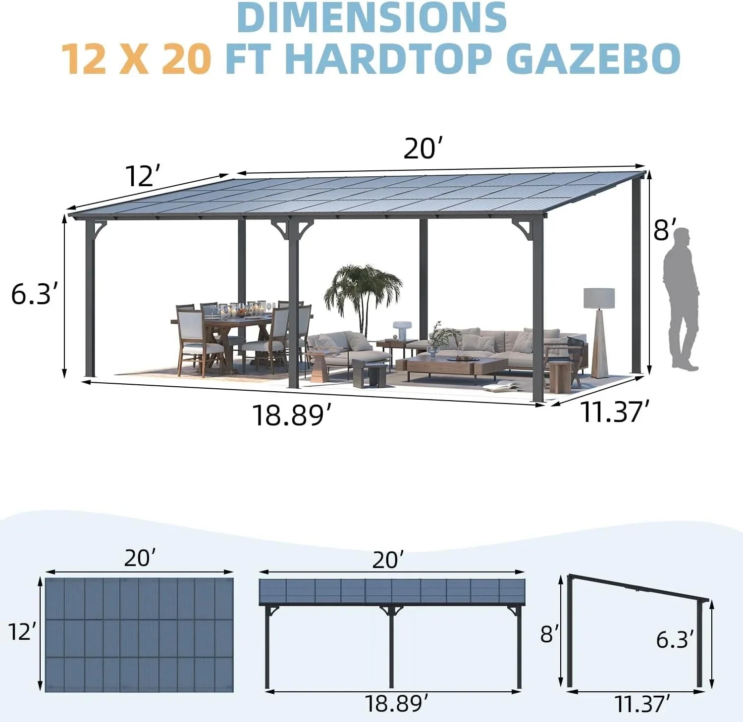 Aecojoy 20’x12′ Wall Mounteds Gazebos Pergola
