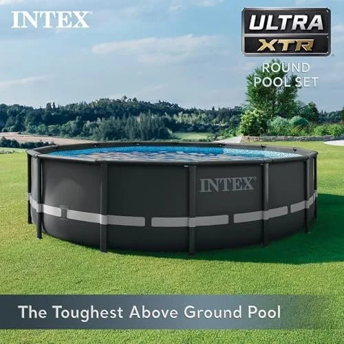 Intex Ultra XTR Frame 14′ x 42″ Round Above Ground Outdoor Swimming Pool Set with Sand Filter Pump, Ladder, Ground Cloth, and Pool Covers