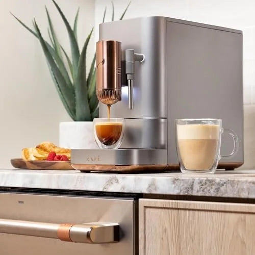 Café Affetto Automatic Espresso Machine + Milk Frother | Built-In &amp; Adjustable Espresso Bean Grinders | One-Touch Brew in 90 Seconds | Steel Silver, 1.2 Liter, (C7CEBBS2RS3)
