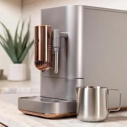 Café Affetto Automatic Espresso Machine + Milk Frother | Built-In &amp; Adjustable Espresso Bean Grinders | One-Touch Brew in 90 Seconds | Steel Silver, 1.2 Liter, (C7CEBBS2RS3)