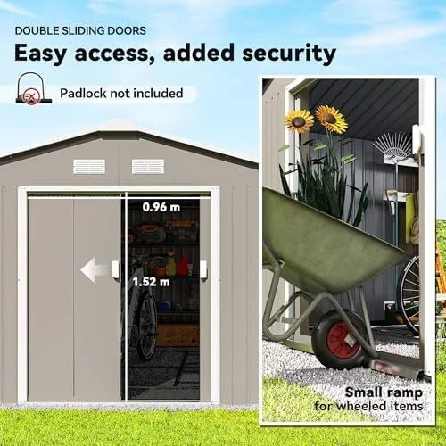 Outsunny 11′ x 13′ Outdoor Storage Shed, Garden Tool Metal Shed with Foundation Kit, Double Lockable Door, Air Vents and Slopings Roofs, for Backyard, Patio, Lawn, Light Grays