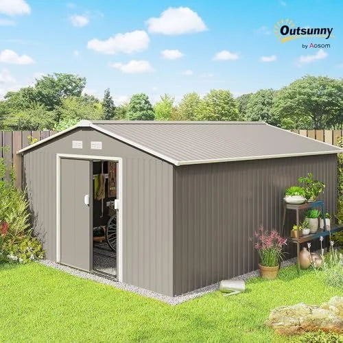 Outsunny 11′ x 13′ Outdoor Storage Shed, Garden Tool Metal Shed with Foundation Kit, Double Lockable Door, Air Vents and Slopings Roofs, for Backyard, Patio, Lawn, Light Grays
