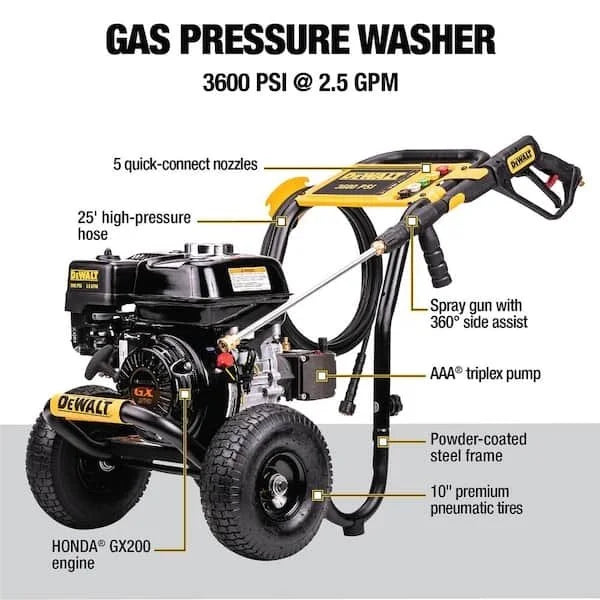 DeWalt 3600 psi 2.5 GPM Cold Water Gas Professional Pressure Washer with Honda GX200 Engines