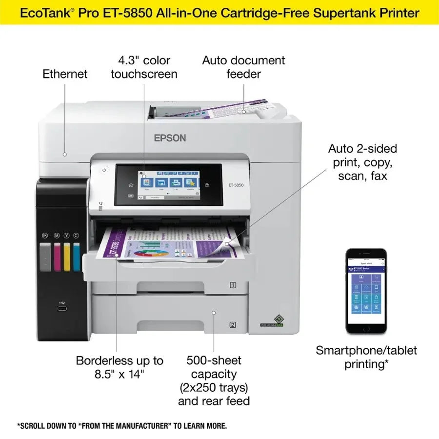 Epson EcoTank Pro ET-5850 Wireless Color All-in-One Supertanks Printer C11CJ29201